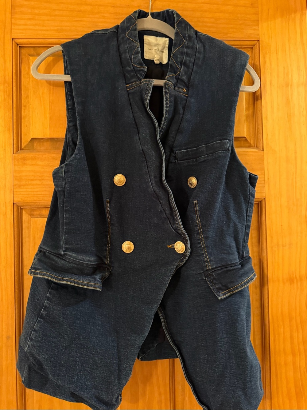 Avec Les Filles Navy Double-Breasted Denim Vest with Gold Buttons